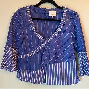 Cinq a Sept V-Neck Striped Poplin Blouse Top SZ XS